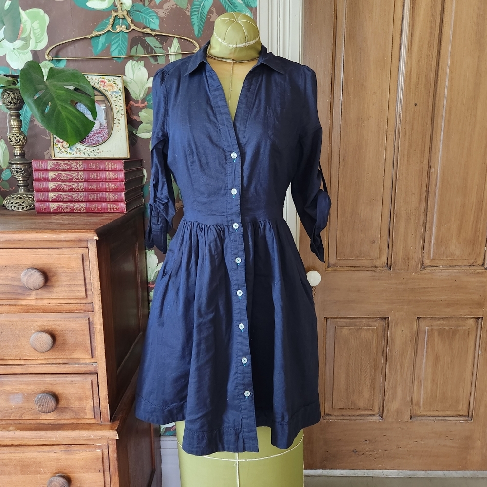Anthropologie Moulinette Soeurs Navy Blue Button-Front Fit & Flare Midi Dress